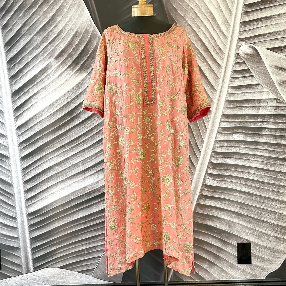 Pink Kurta Kurti XXL Dressy & Cotton Silk Lined Champagne Metallic Embroidery